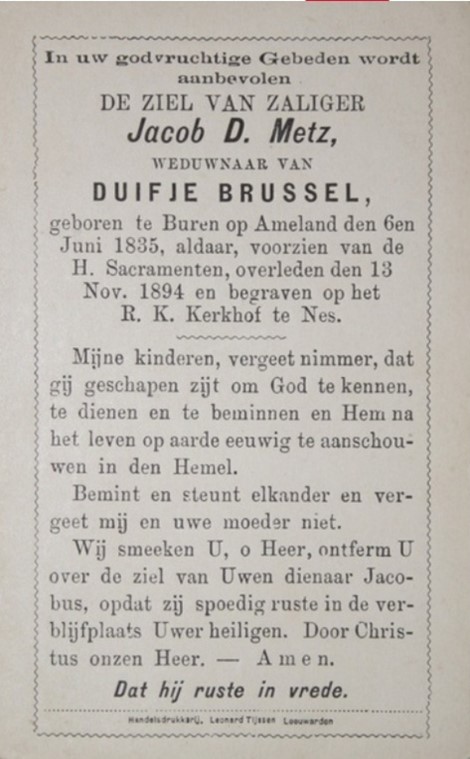 Bidprentje Jacob D. Metz